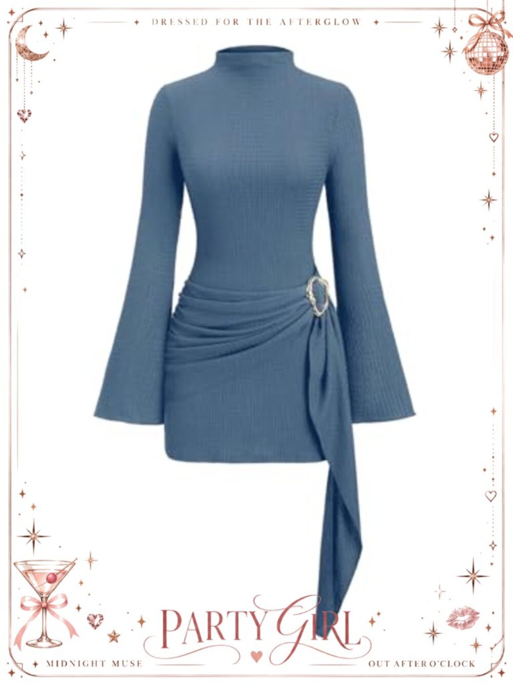 Textured Mock Neck Metal Cinched Waist Long Bell Sleeve Ruched Bodycon Mini